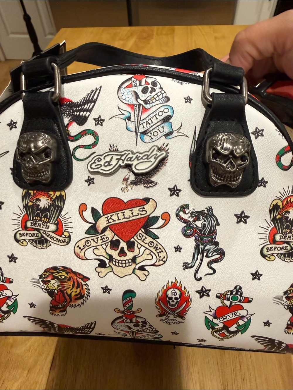 Ed Hardy White Tattoo Print Dome Satchel with Skull Hardware - Picture 16 of 16